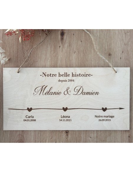 Plaque en bois gravée – Notre belle histoire – Une ligne de vie personnalisée
