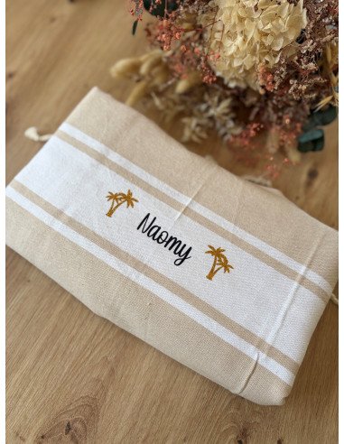Fouta de plage BEIGE prénom + LOGO PALMIER